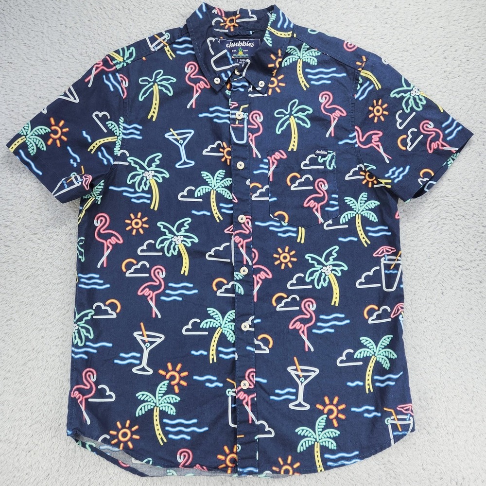 Chubbies Shirt Mens Small Blue Neon Flamingo Palm Tree Short Sleeve Button Up